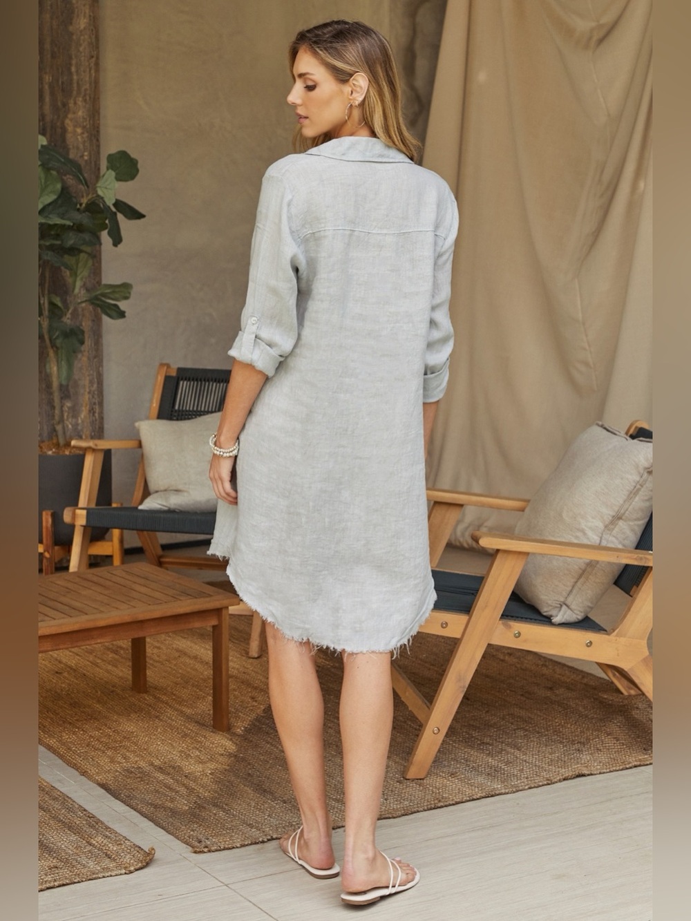 (27160/154208-PER) ITALIAN LINEN LONG SLEEVE ROLL-TAB BUTTON DOWN DRESS - Picture 2 of 2